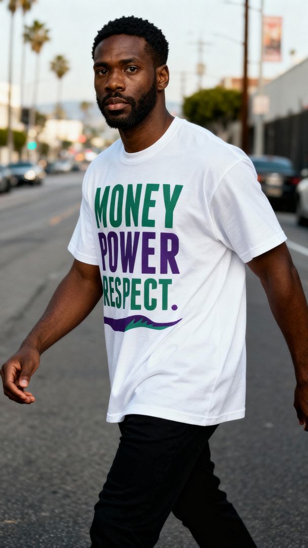Money Power Respect - New Emerald/Purple on White T-Shirt