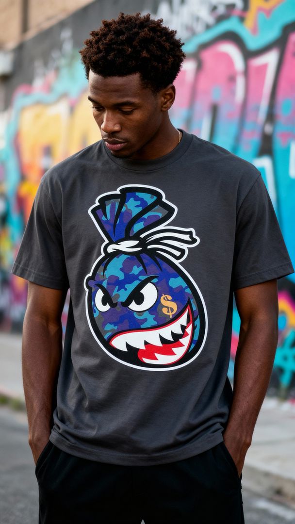 Camo Money Bag Aqua - Dark Grey T-Shirt