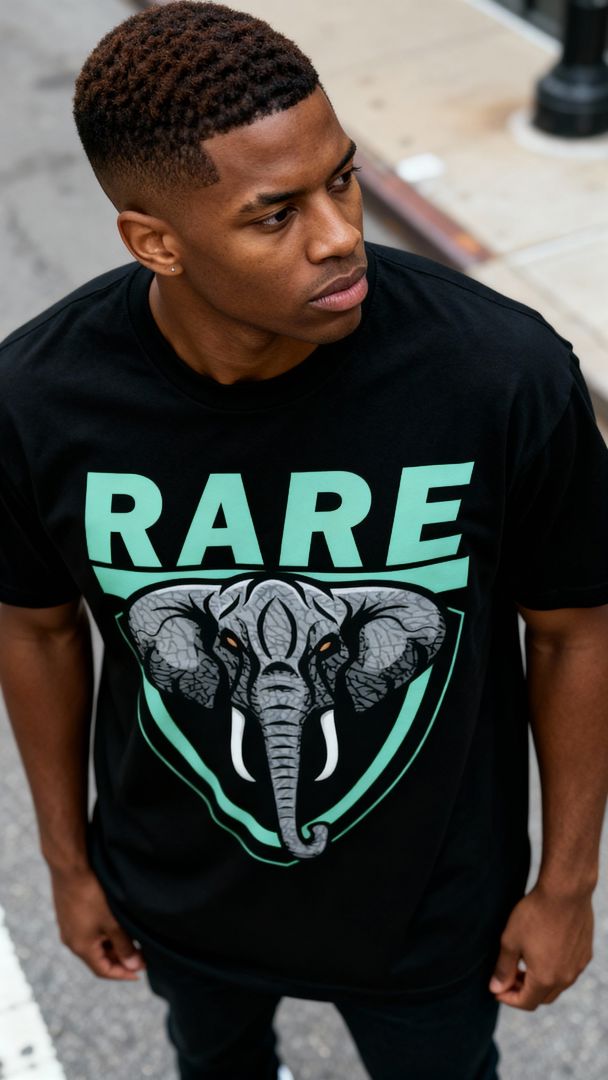 Rare Elephant - Green Glow on Black T-Shirt