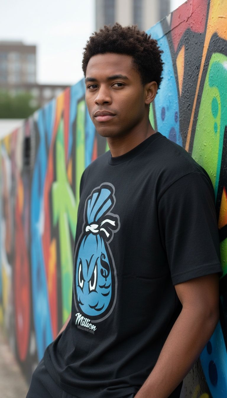 Money Bag - Chambray Blue on Black T-Shirt