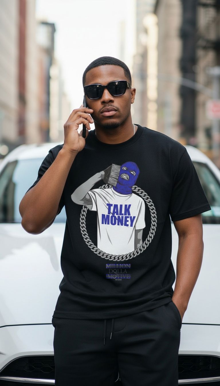 Talk Money Phone - Royal Blue on Black T-Shirt
