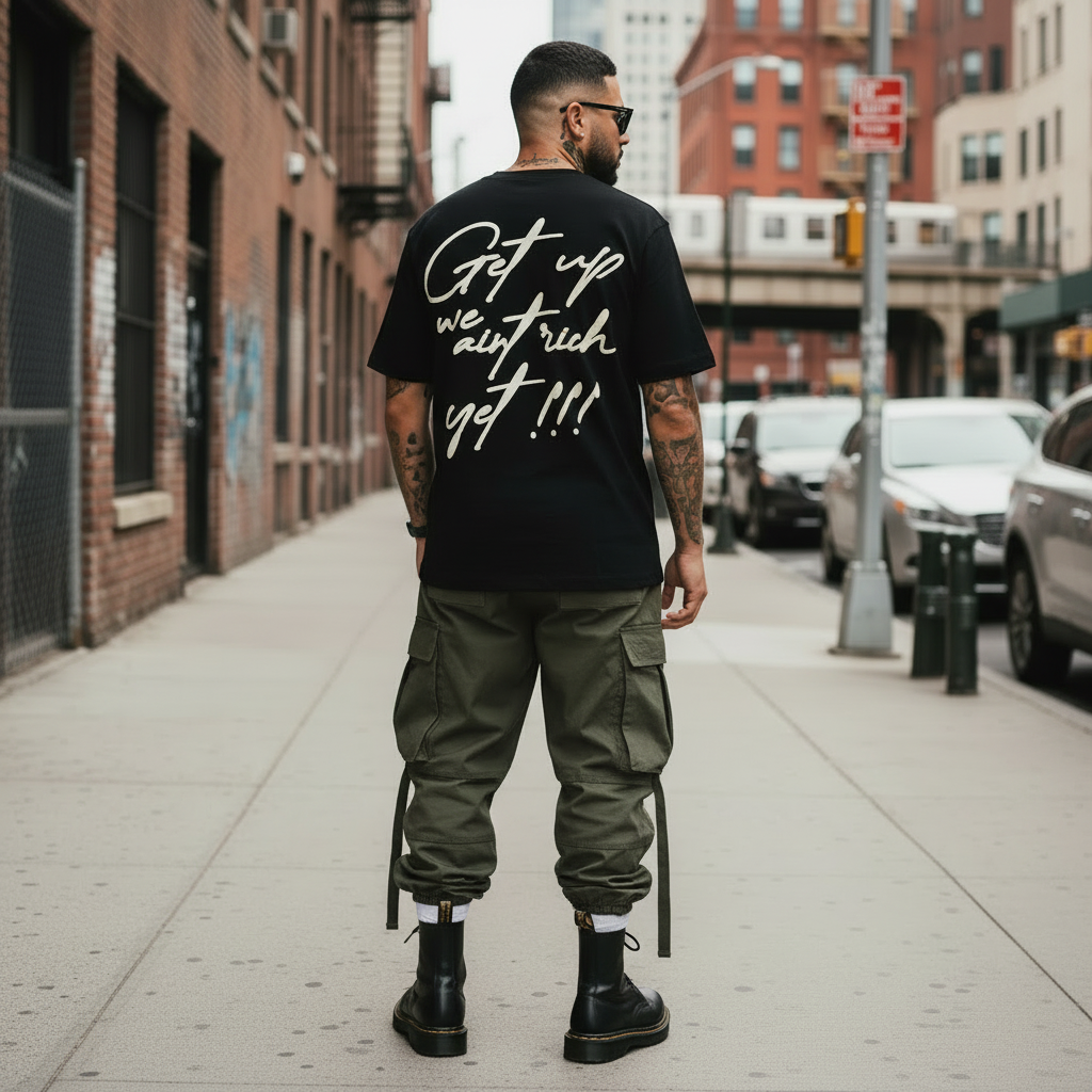 
                  
                    Get Up We Ain't Rich Yet - Black T-Shirt
                  
                