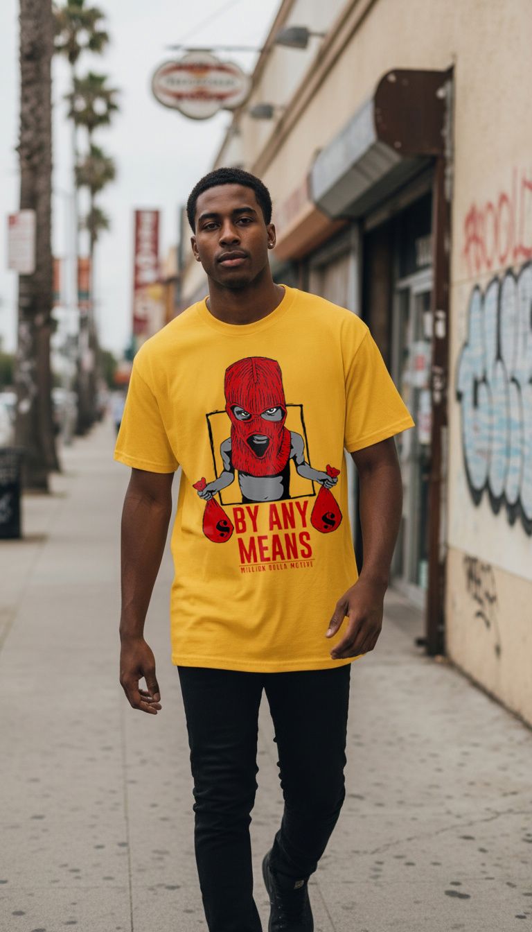 By Any Means - Red on Golden Yellow T-Shirt