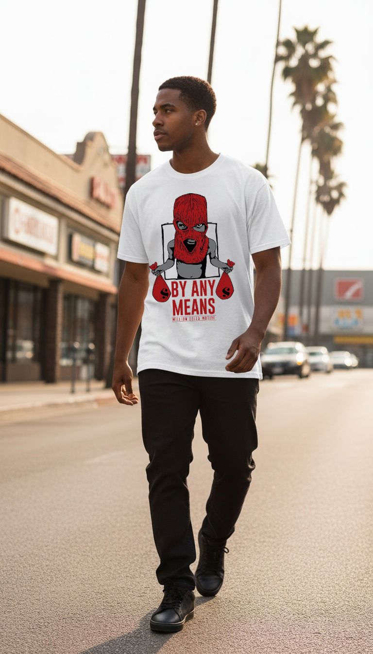 By Any Means - Red on White T-Shirt