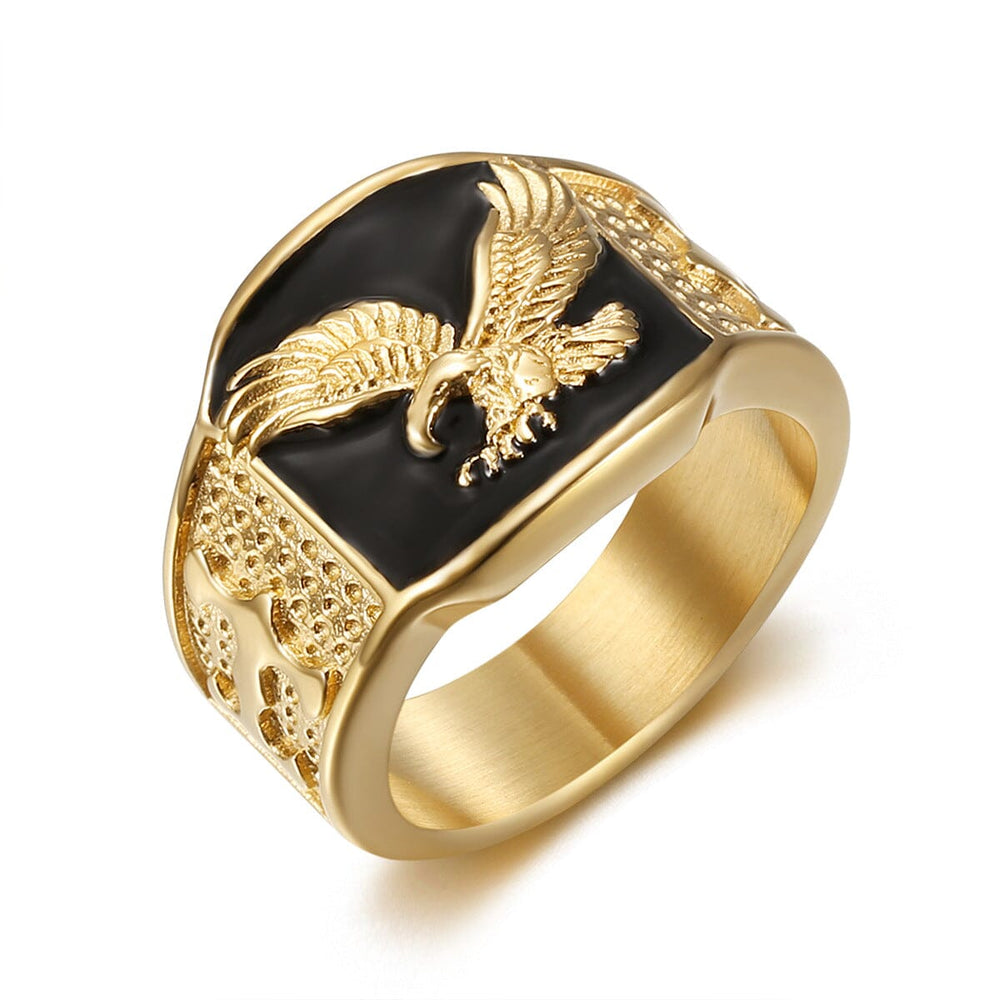 Original Million Dolla Motive Presidential Eagle Ring in gold tone with black signet face and raised eagle emblem