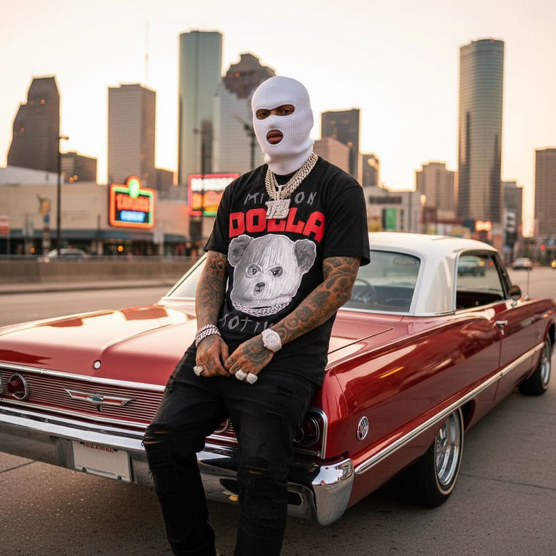Ski Mask Teddy Face - Infrared on Black T-Shirt T-Shirt Million Dolla Motive 