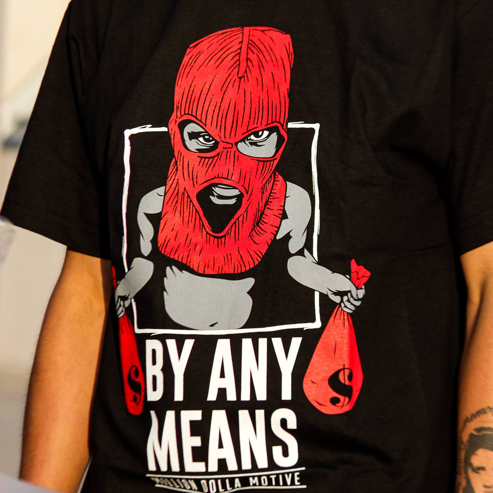 
                  
                    By Any Means - Red on Black T-Shirt
                  
                