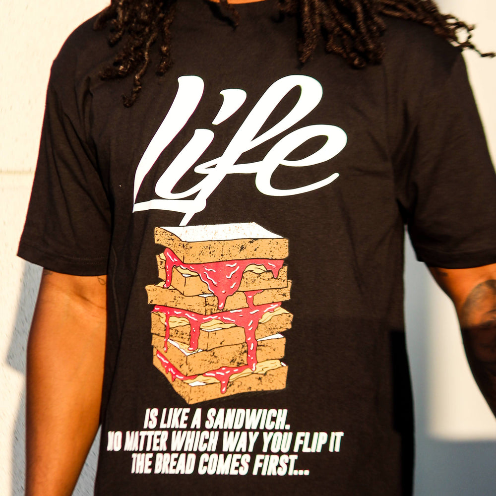 
                  
                    Life Is Like A Sandwich - Red on Black T-Shirt
                  
                