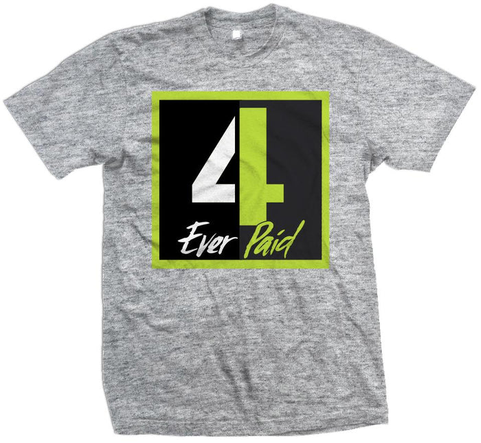 Heather Grey T-shirt with black, white, grey, and lime green 4 ever paid text.