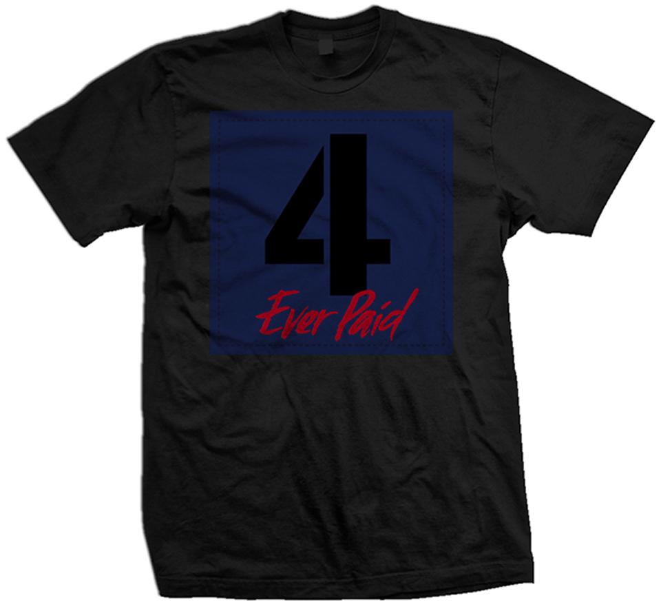 Black T-shirt with blue and red 4 ever paid text.