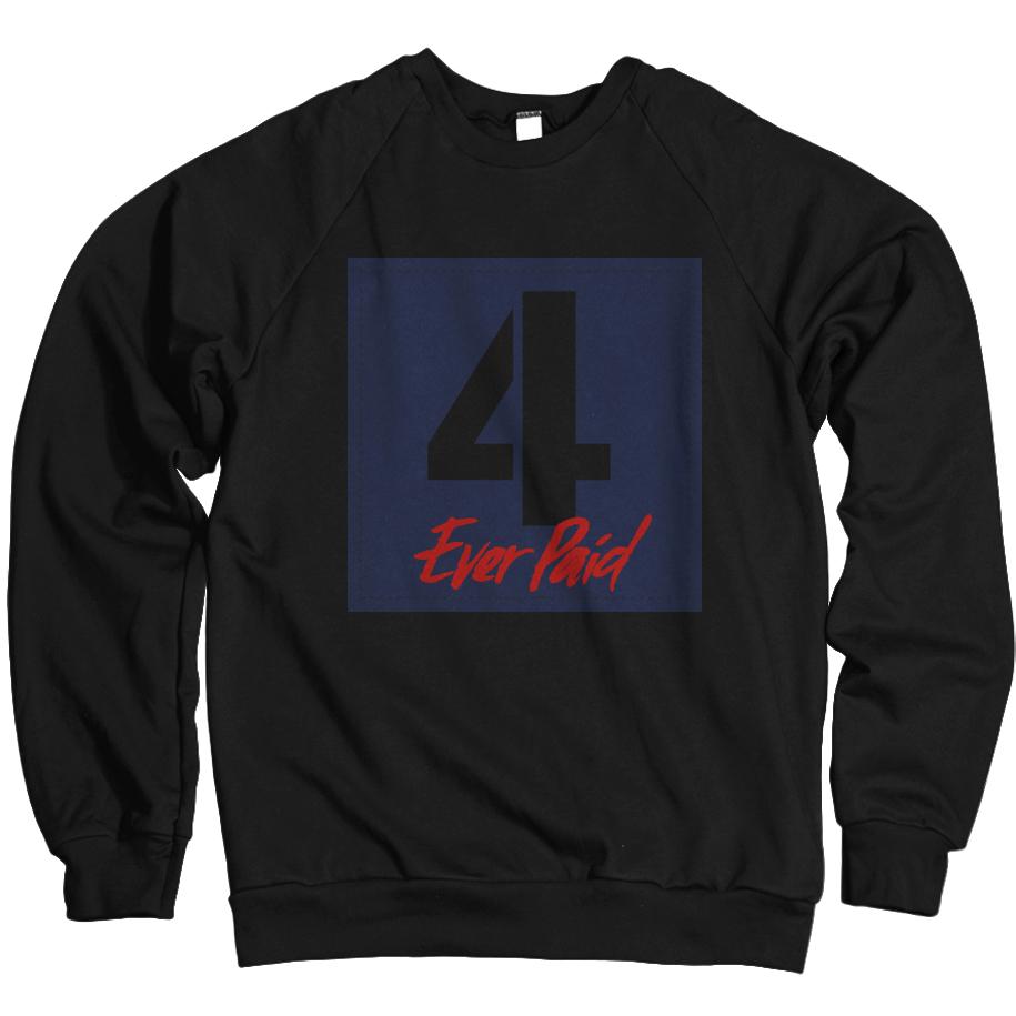 Black Crewneck Sweatshirt with blue and red 4 ever paid text.