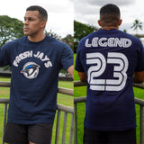 Navy blue t-shirt with black, white, and light blue jay with white fresh jays text on front and legend 23 text on back.
