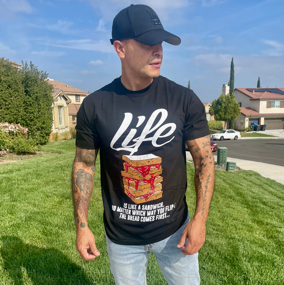 
                  
                    Life Is Like A Sandwich - Red on Black T-Shirt
                  
                