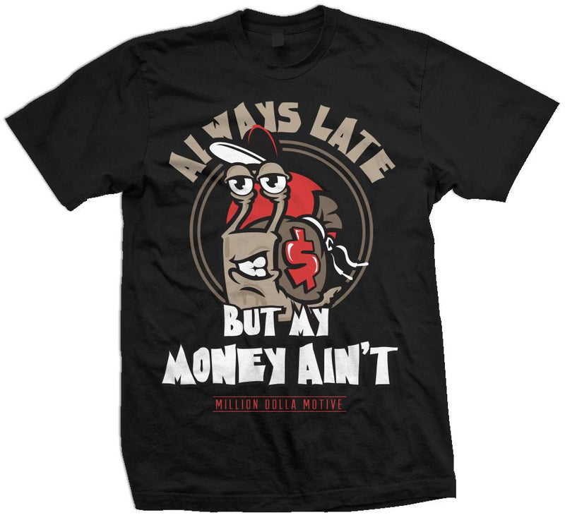 Black t-shirt with brown, white, and red snail with fitted hat and money bag back with brown. White always late but my money ain't text.