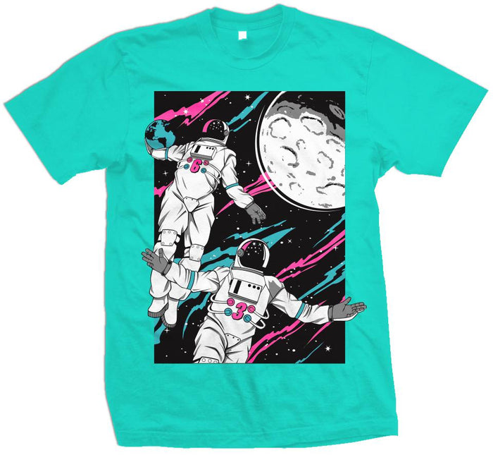Aqua blue t-shirt with white, pink, and aqua blue astronauts alley-ooping to the moon on black background.