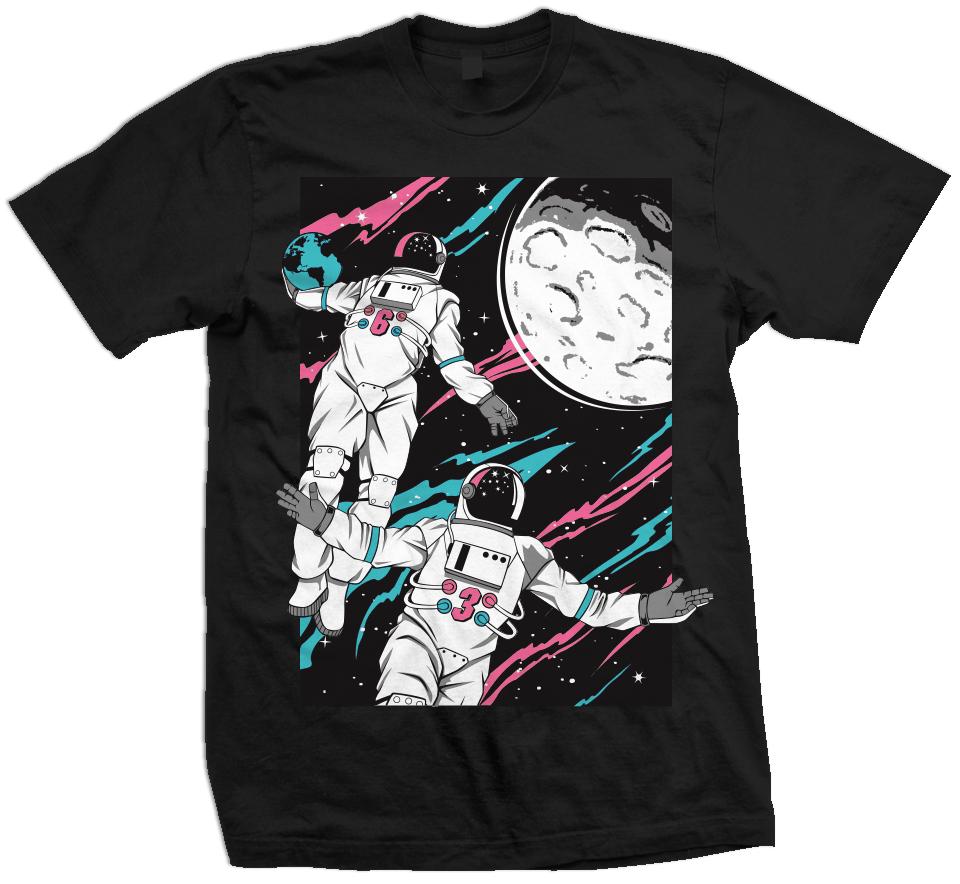 Black t-shirt with white, pink, and aqua blue astronauts alley-ooping to the moon on black background.