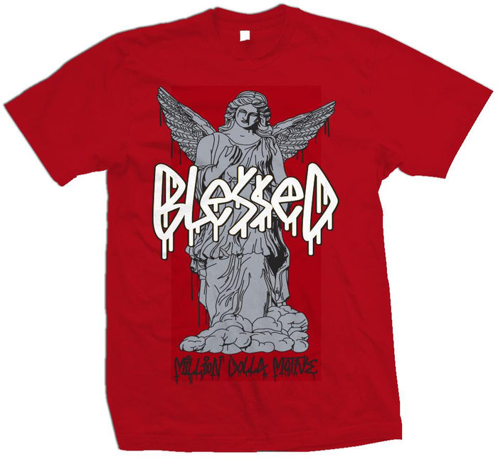 Red t-shirt with grey angle statue and white blessed text.
