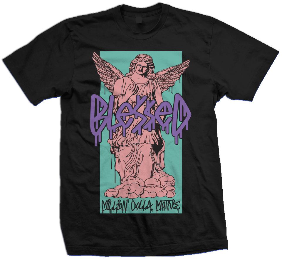 Blessed Angel -  Hyper Jade/ Bleached Coral/ Space Purple on Black T-Shirt