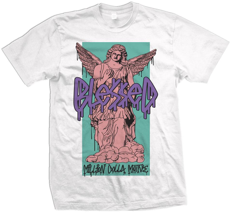 Blessed Angel -  Hyper Jade/ Bleached Coral/ Space Purple on White T-Shirt