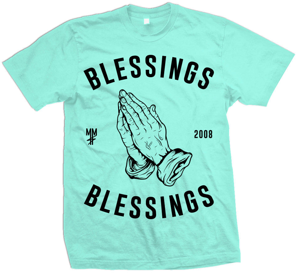 Teal T-shirt with black prayer hands. Black MM, 2008, and blessings on blessings text.