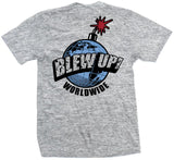 Heather grey t-shirt with blue, grey, and black globe grenade and grey. Black blew up worldwide text.