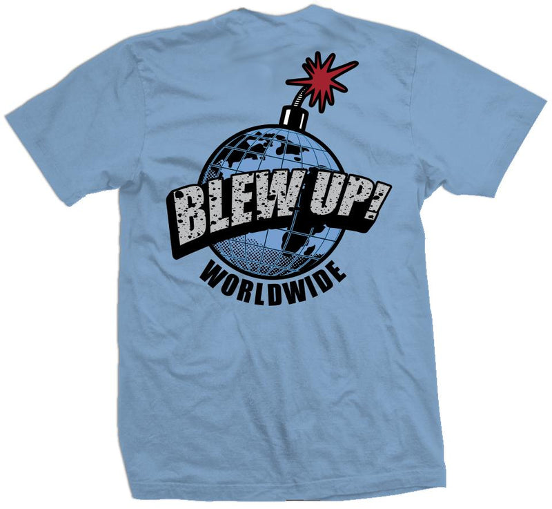 UNC University blue t-shirt with with blue, grey, and black globe grenade. Grey, white, and black blew up worldwide text.