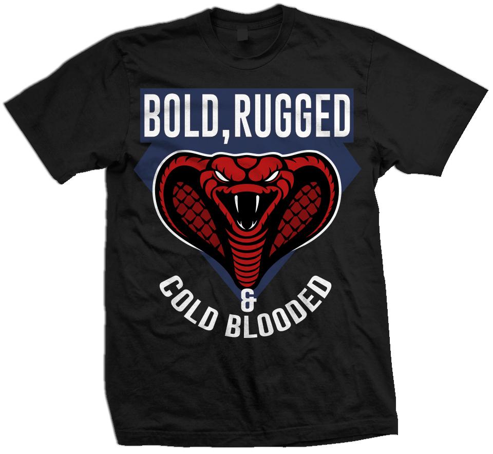 Bold, Rugged, & Cold Blooded Cobra - Loyal Blue/Habanero Red on Black T-Shirt