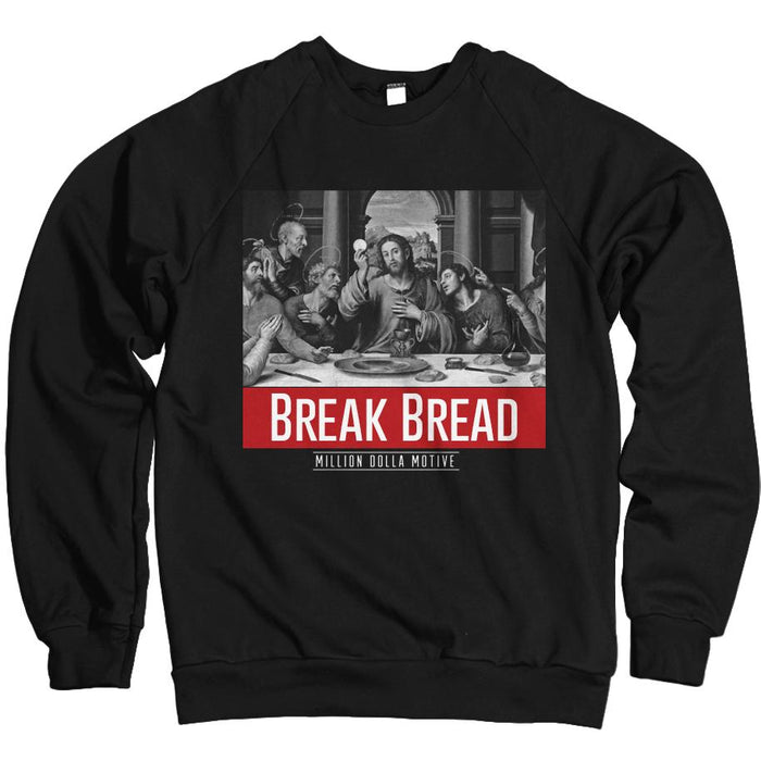 Black crewneck sweatshirt with black and white last supper painting with red and white break bread text.