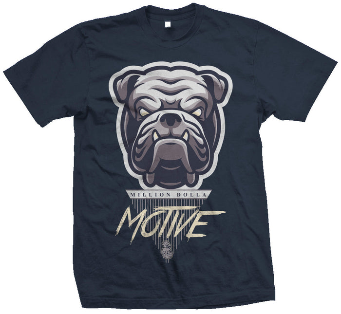 Navy blue t-shirt with white, brown, and dark grey bulldog with black and pale yellow million dolla motive text.