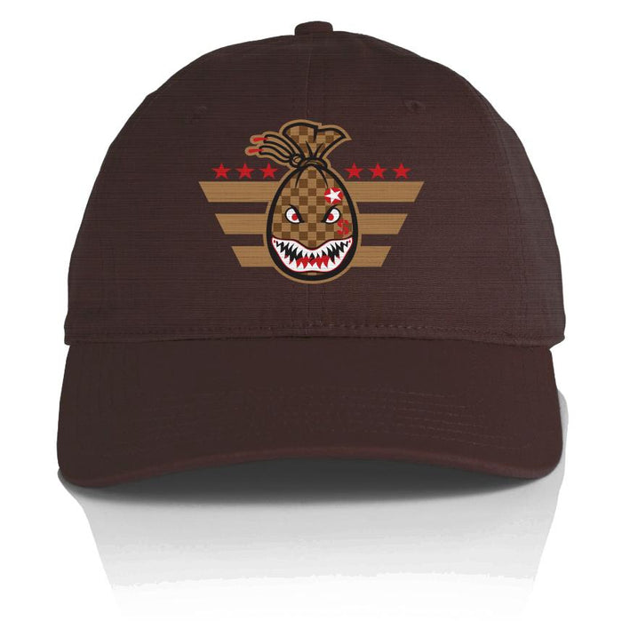 Brown dad hat with brown and light yellow checkered shark-mouthed money bag and red and white stars.