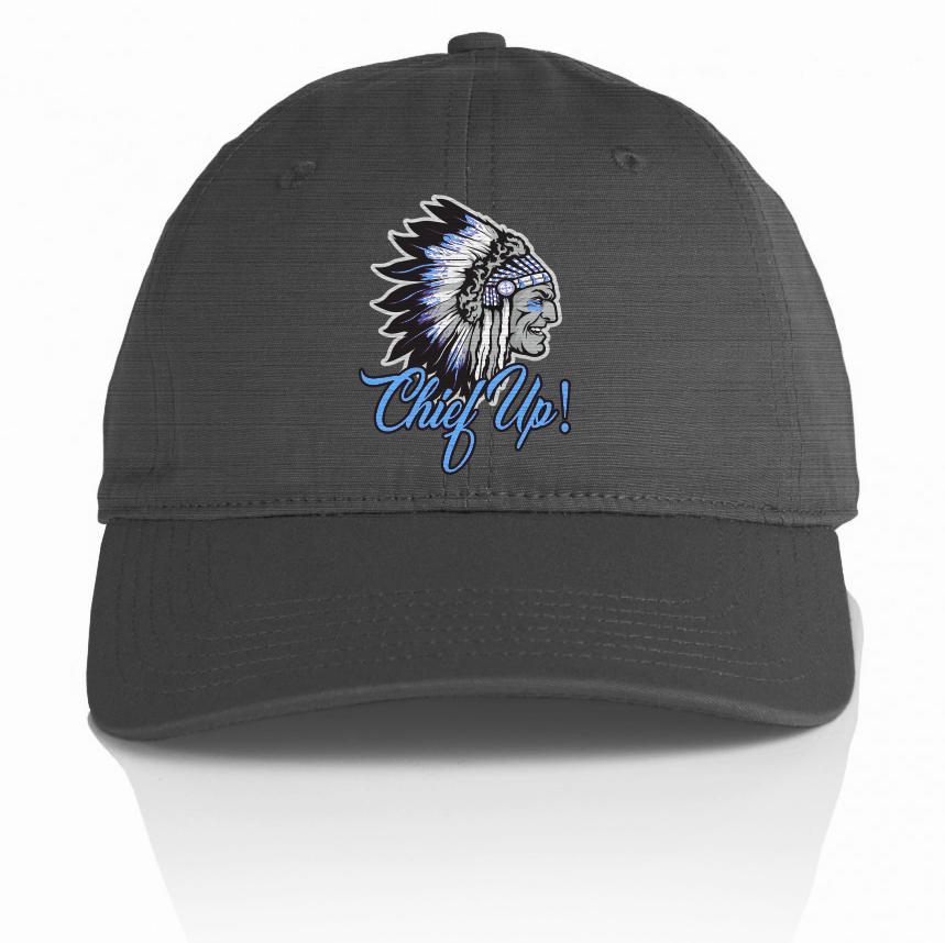 Dark grey dad hat with native american chief with white, black, and light blue war bonnet and blue chief up text.