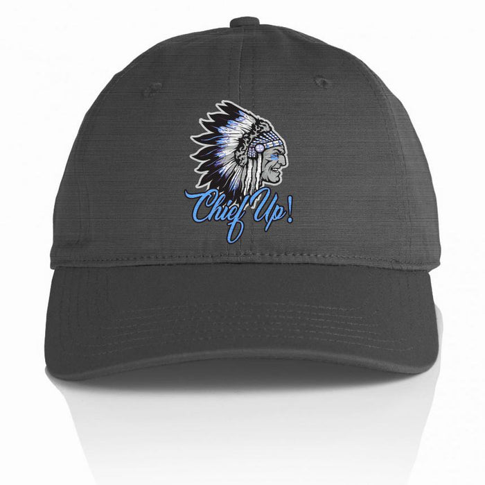 Dark grey dad hat with native american chief with white, black, and light blue war bonnet and blue chief up text.