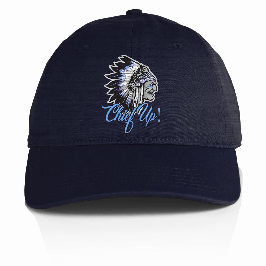 Navy blue dad hat with native american chief with white, black, and light blue war bonnet and blue chief up text.