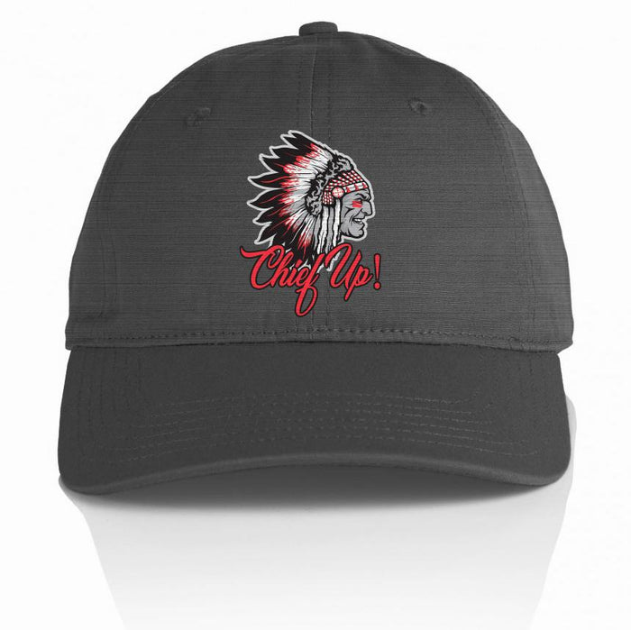 Dark grey dad hat with native american chief with white, black, and red war bonnet and red chief up text.