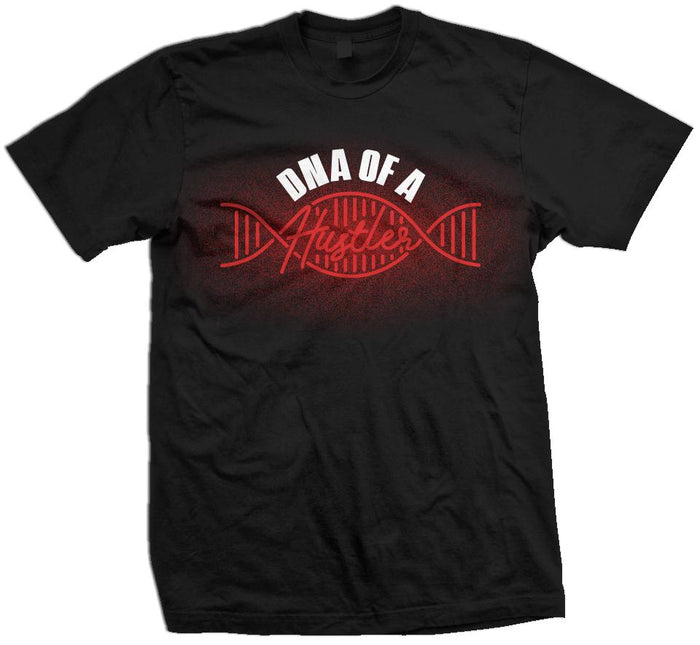 Black t-shirt with red dna strand and white and red dna of a hustler text.
