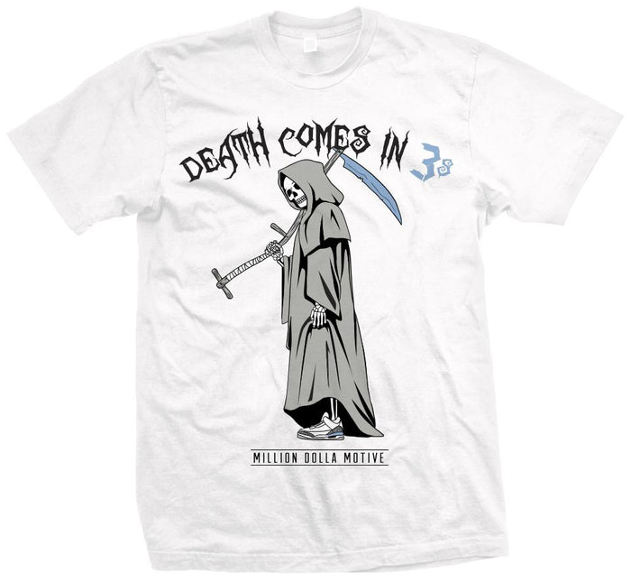 Death Comes In 3's - University Blue on White T-Shirt