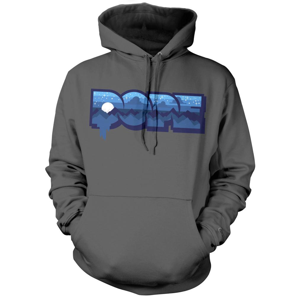 Charcoal grey hoodie sweatshirt with white, navy, and light blue dope text.