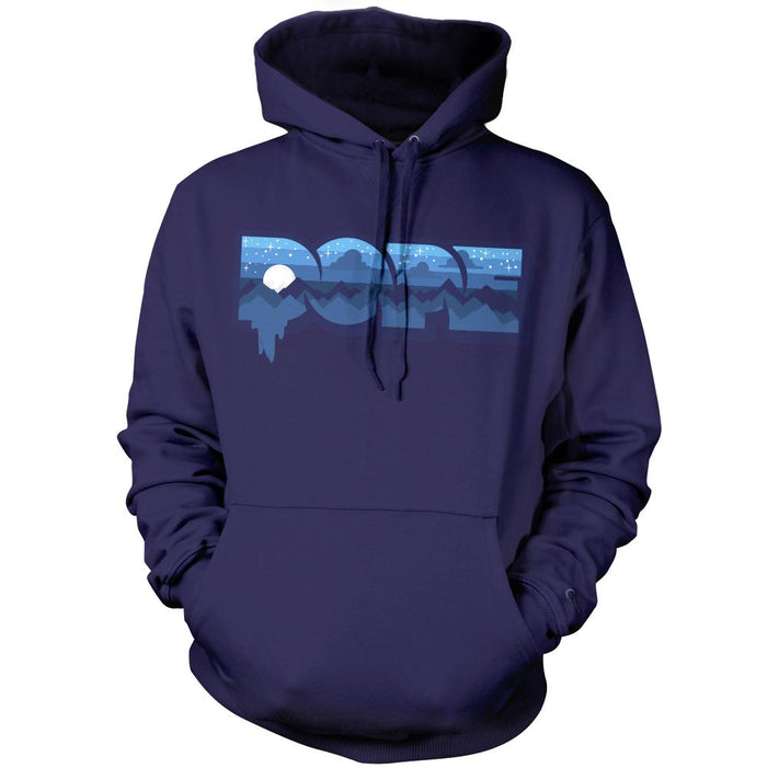 Navy hoodie sweatshirt with white, navy, and light blue dope text.
