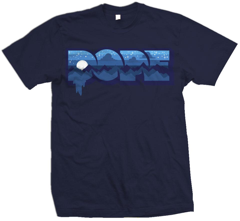 Navy t-shirt with white, navy, and light blue dope text.