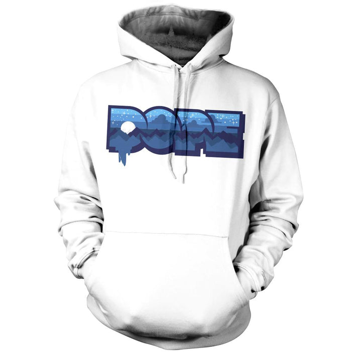 White hoodie sweatshirt with white, navy, and light blue dope text.