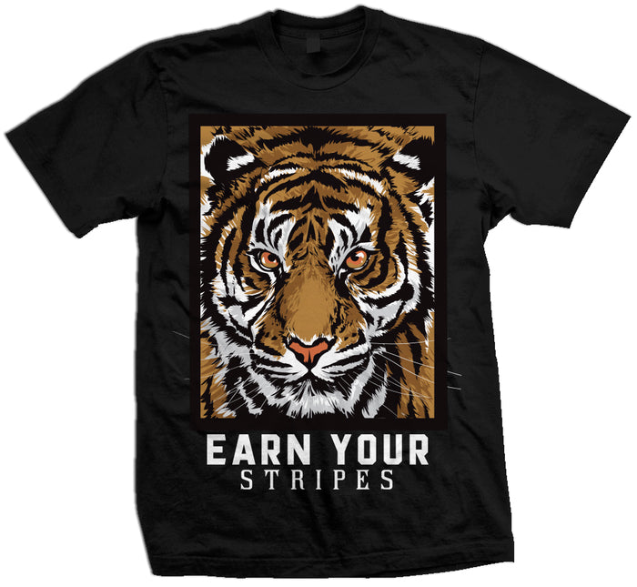 Black t-shirt with orange tiger and white earn your stripes text.
