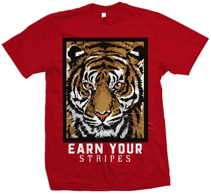 Red t-shirt with orange tiger and white earn your stripes text.