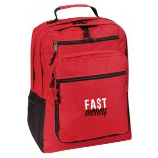 Red backpack with white and black fa$t money text.