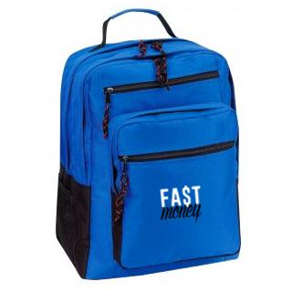 Royal blue backpack with white and black fa$t money text.
