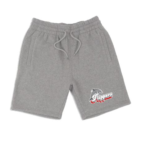 Heather grey fleece shorts with grey dolphin and white, grey, and red flippers text.