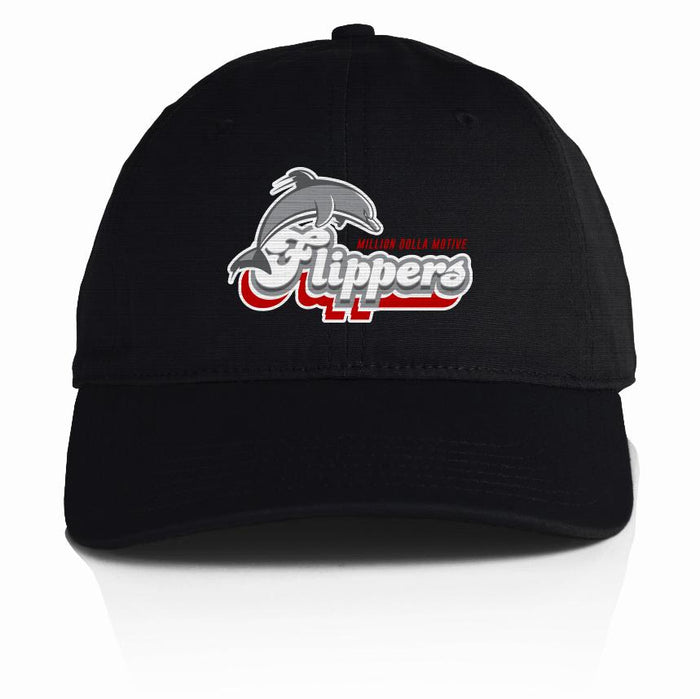 Black dad hat with grey dolphin and white, grey, and red flippers text.