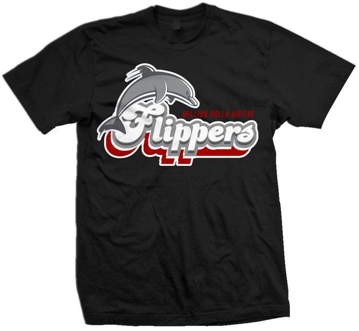 Black t-shirt with grey dolphin and white, grey, and red flippers text.