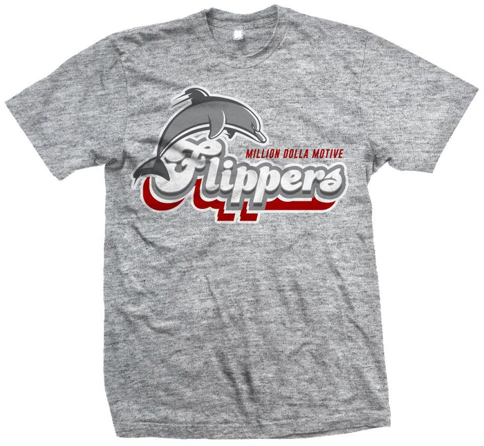 Heather grey t-shirt with grey dolpin and white, grey, and red flippers text.