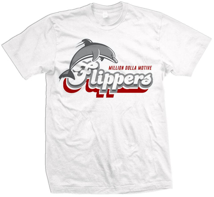 White t-shirt with grey dolphin and white, grey, and red flippers text.