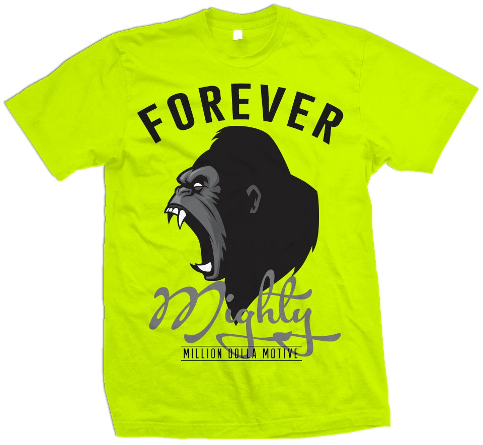 Fluorescent yellow t-shirt with black, white, and grey gorilla and black and grey forever mighty text.